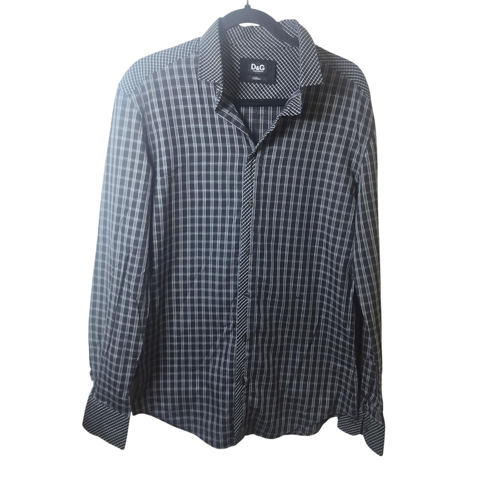 D&G Dolce & Gabbana Mens Slim Fit Grid Button Down Shirt‎ Black White Size 50